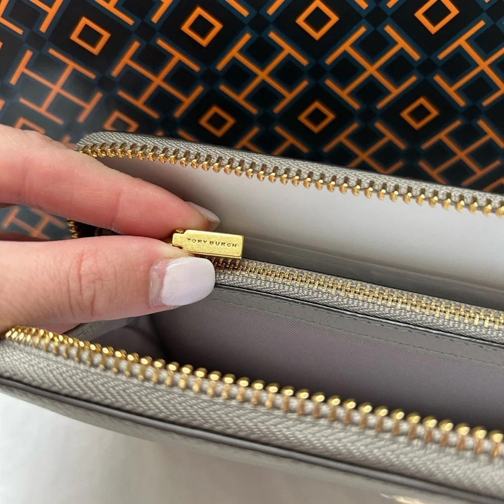 Tory Burch Walker Zip Continental Wallet Gray Heron Gold Grey